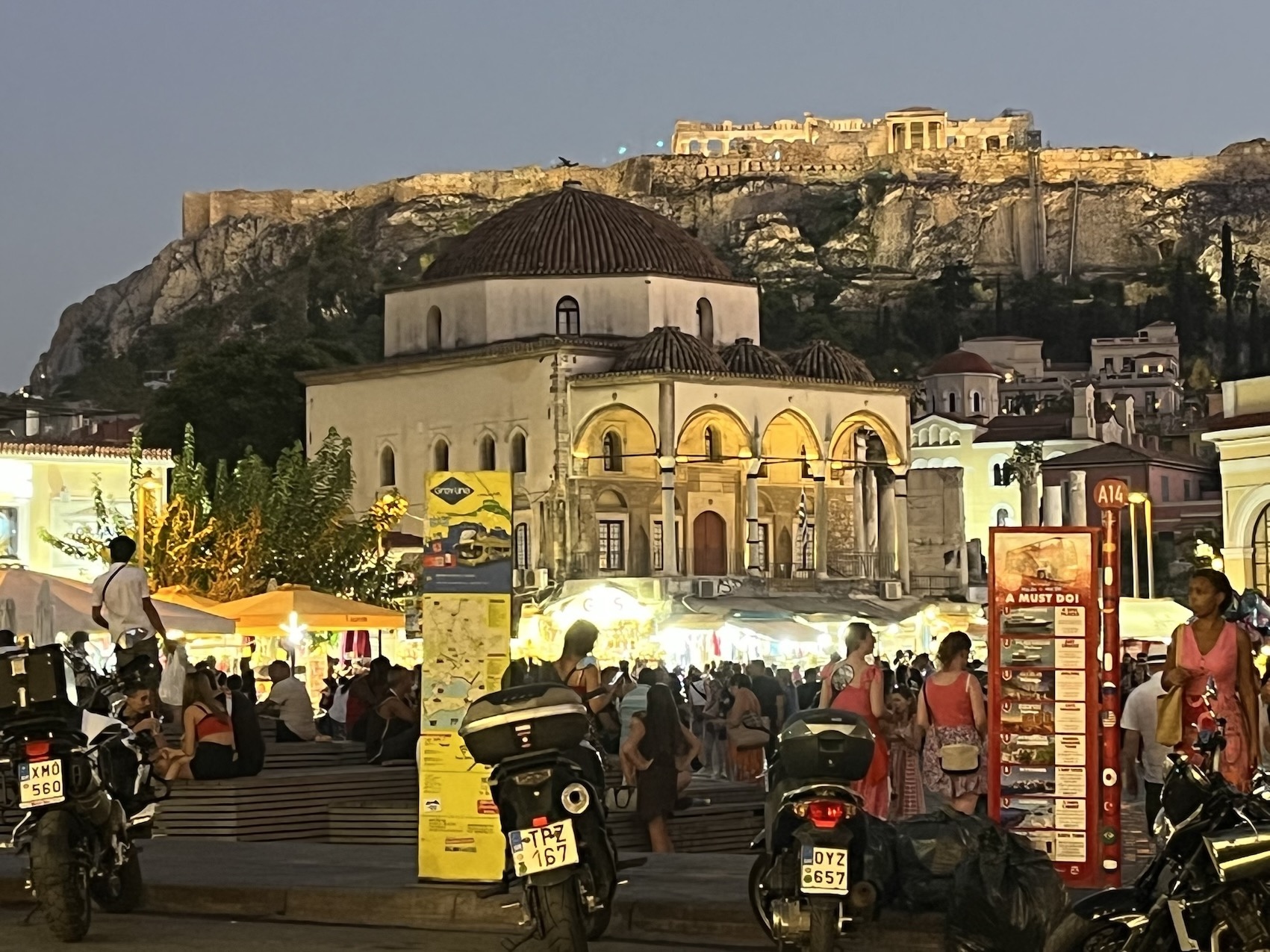 City view in Athens Greece in the Monastiraki area overlooking the Acropolis at night